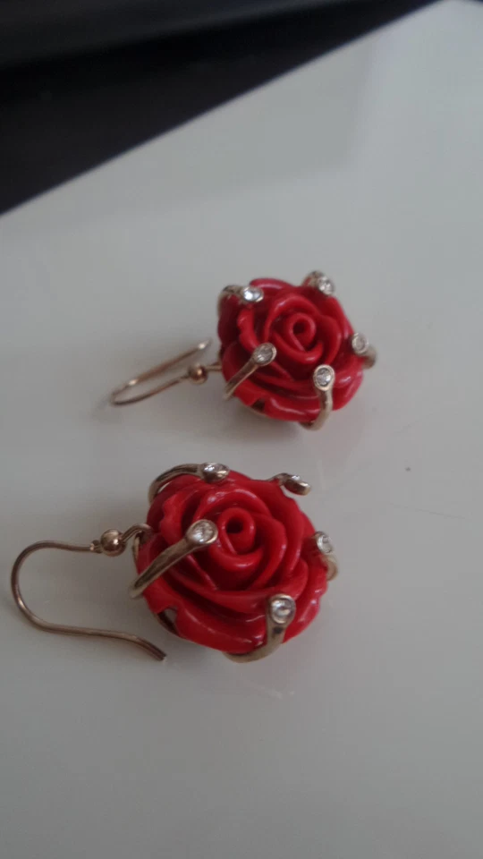 Boucles D'Oreilles Femme or Rose Rouge Corail Synthétique Zircons Swarovski - Photo 1/1