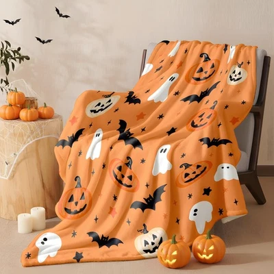 LOSIVISHE Halloween Flannel Throw Blanket – Ghost, Bat & Pumpkin Pattern – Or... - Image 1 of 4