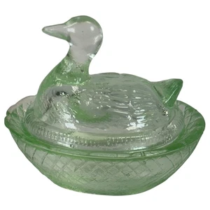 Vintage Mini Duck-On-Nest Basket Salt Cellar Trinket Clear Green Glass 2.25" H - Picture 1 of 5