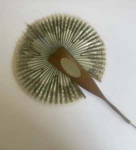 Antique Made In Italy Pull-Out Fan wth Oval Mirror 10” Paper W/ Woven Edge - Bild 1 von 13