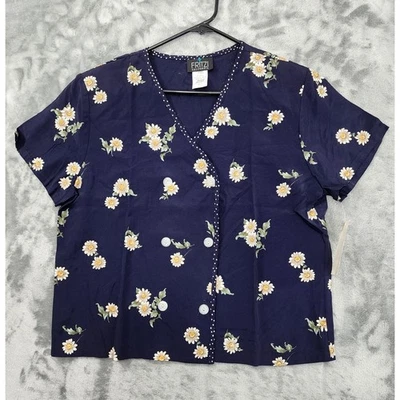NEW Vintage Fritzi Top Womens M Blue Floral V-Neck Short Sleeve Double Breasted - Immagine 1 di 4