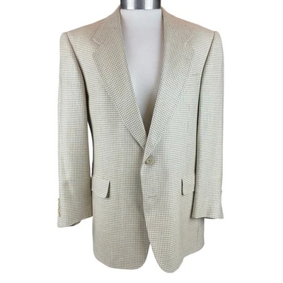 Hart Schaffner Marx Silk Sport Coat Mens 40R Beige Houndstooth Blazer Jacket USA - Image 1 of 4