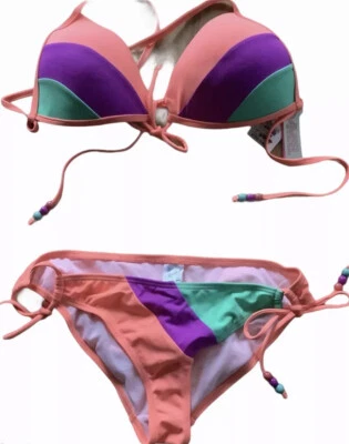 Damsel 2 pc bikini set size large color block swim set push up cheeky bottoms - Image 1 of 4