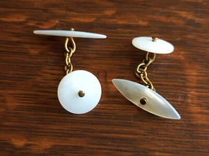 Vintage 1940s 50s Cuff Links Double Faced Mother Of Pearl Circular Chain Link - Picture 1 of 9