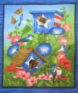 Blue Jay Carolina Wren Morning Glory Fabric 8.75" x 10" Quilt Block Cc - Picture 1 of 1