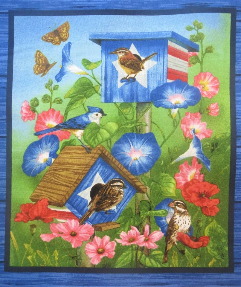 Blue Jay Carolina Wren Morning Glory Fabric 8.75" x 10" Quilt Block Cc - Image 1 of 1