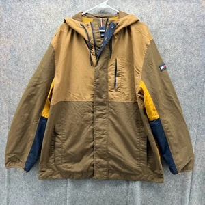 Tommy Hilfiger Jacket Mens XXL Brown Yellow Hooded Colorblock Nylon Windbreaker - Picture 1 of 13