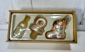 3 LOT VINTAGE GLASS BLOWN BABY GIRL PINK CHRISTMAS ORNAMENT BOTTLE-SOCK-PACIFIER - Picture 1 of 9