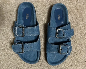 ZARA blue DENIM SANDALS Womens Buckle Flat Slip On Slide Size 7.5, 38 - Picture 1 of 9
