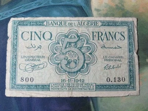 1942 Banque de L'Algerie 5 Francs World War II (WWII) Rare - Picture 1 of 7