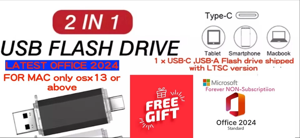 USB Type c and type A 4gb (Free gift of OFFICE for MAC 2024 no subscription) - Image 1 of 4