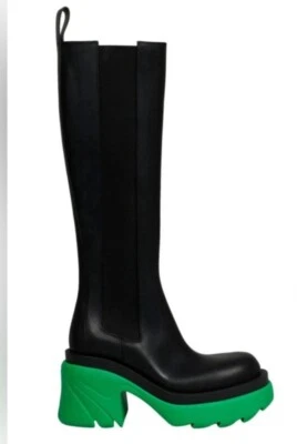 Bottega Veneta FLASH Black Leather Green Lug Sole Knee High Boots EU36 $1750 - Image 1 of 4