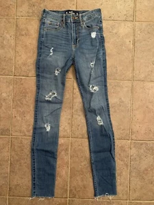 Hollister 00R High Rise Super Skinny Stretch Raw Hem Blue Denim Distressed Jeans - Picture 1 of 10