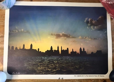 Póster de viaje Fly American Airlines Chicago Skyline 11 x 16 Ivan Dmitri de colección Foto 1 de 4