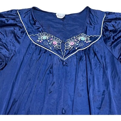 Vintage Vanity Fair Navy Blue Night Gown Nylon Floral Embroidered Large SEE - Image 1 of 4