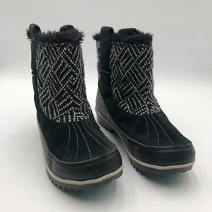 Sorel Tivoli II Snow Boots Youth Girls Size 7 Black Suede Faux Fur Trim Pull On - Picture 1 of 15