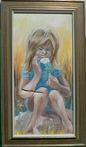 EBBE HÖGLUND 1914-1993 MÄDCHEN AUF DER BLUMENWIESE / ÖLBILD ZUM HERRICHTEN ! - Picture 1 of 9