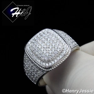 MEN SOLID 925 STERLING SILVER ICY BLING CZ HIPHOP SILVER RECTANGLE RING*SR123 - Picture 1 of 5