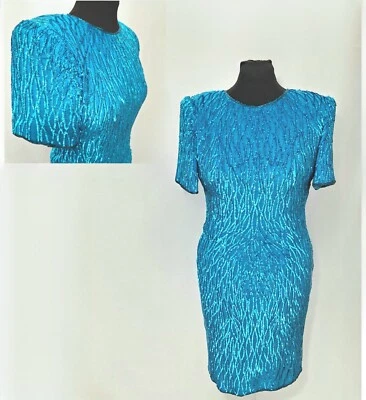 Patra Sténay 电动蓝色紧身礼服礼服亮片丝绸波浪羽毛图案  — 第 1/4 张图片