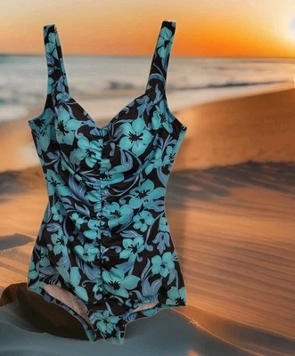 Traje de baño Maxine 1 pieza talla 12 azul/verde/negro plateado floral minimizador fruncido Evc Foto 1 de 4
