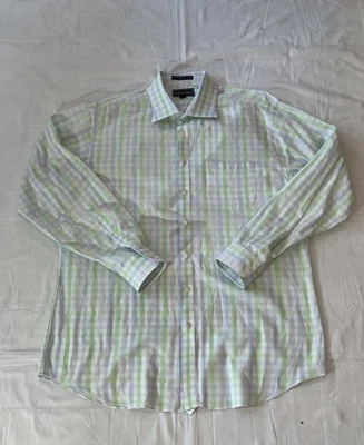 Paul Fredrick Shirt Mens 17.5 36 Green Blue Plaid Trim Fit Button Down Cotton - Image 1 of 4