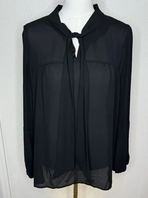 DKNY Women Black Long Sleeve Blouse XL Ties At Neck Semi Sheer - Image 1 of 4