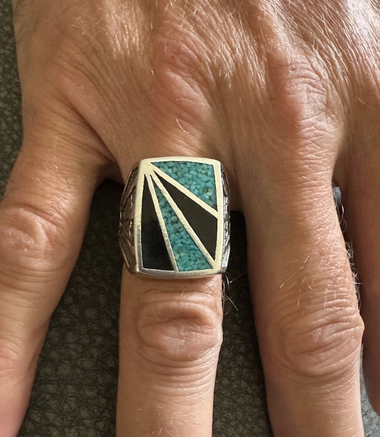 G&S Vintage Skater Biker Southwestern Silver Inlay Onyx, Turquoise Ring Size 10 - Image 1 of 4