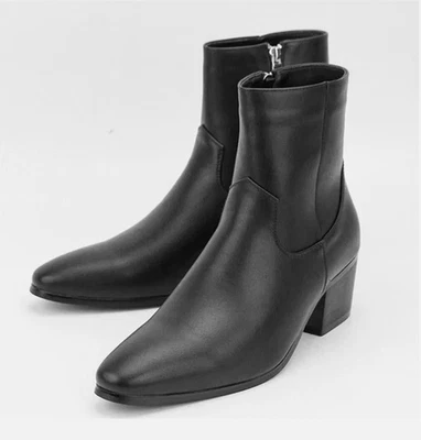 New Mens Zip Pointy Toe Heel Leather Chelsea boots Ankle Boots High Top Boots! - Image 1 of 4