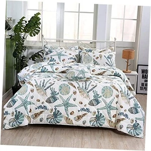 Beach Comforter Set Queen 3Pcs Ocean Coastal Summer Queen 89×89 Beige Teal - Picture 1 of 8