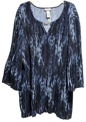 Top Catherines taglie forti 5X blu nero fisarmonica pieghe svolazzante manica a campana tunica - Immagine 1 di 4