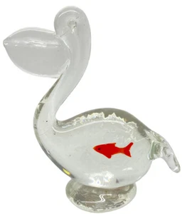 Hand Blown Art Glass Pelican With Fish in Belly Sculpture Figurine 6 Inches - Picture 1 of 8