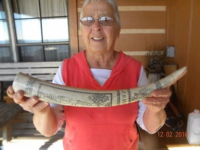 Scrimshaw REPRODUCCIÓN Colmillo de Morsa el "CAPITÁN NORTON" 18 pulgadas alrededor de la curva Foto 1 de 4