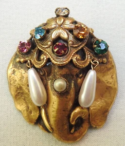 Vintage Elefantenkopf Brosche JOSEFF of HOLLYWOOD Schild Kristall Kunstperlen Dekor 331k - Bild 1 von 2