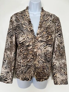 Chico's Size 1 (8-10) Tan/Brown Animal Print 100% Silk Open Front Jacket - Picture 1 of 7