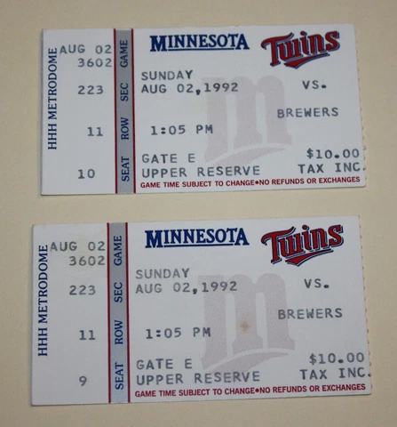 Minnesota Twins Ticket Stub | August 2 1992 Kirby Puckett Hit Scott Erickson SO Cover