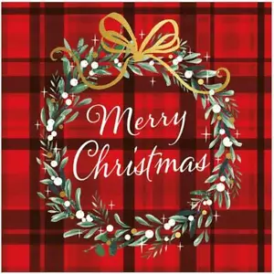 XMAS PAPER NAPKINS PK20 CHRISTMAS PLAID CHECK W WREATH MADE IN GERMANY 3PLY - Picture 1 of 2