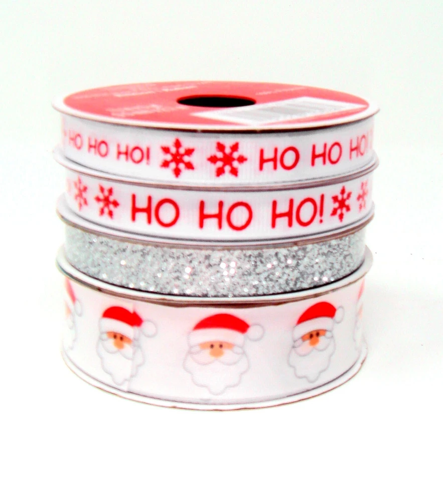 4 Rolls Celebrate It Christmas Ribbon Santa Ho Ho Ho Silver Glitter 26 yards ttl - Image 1 of 1