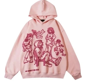 Y2K Streetwear Pink Hoodie Sweatshirt Funny Cartoon Graphic Hoodie - Picture 1 of 5