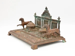 Antq 1870er verziert Gothic Bronze Doppel Tintenfass Schreibtisch Tablett Stifthalter Gothic Greif - Bild 1 von 14
