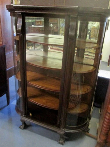 ANTIQUE OAK CURVED GLASS CHINA CUPBOARD W/BALL & CLAW FEET ESTATE AS IS BARGAIN! Cover