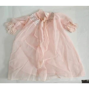 Vintage 50s 60s Doll Robe or Peignoir, Pink Nylon Chiffon, Lace and Silver Trim - Picture 1 of 4