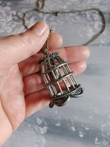 Vintage 29" long gold & silver tone metal necklace large bird in cage pendant - Picture 1 of 5