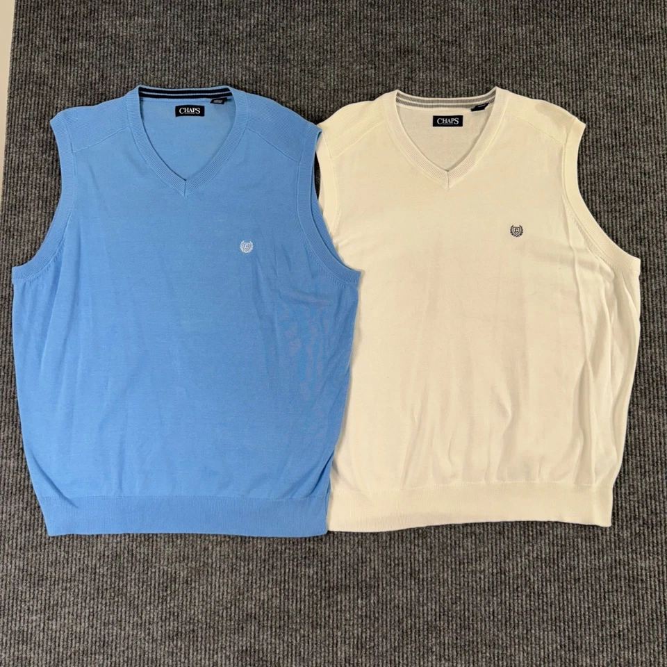 Chaps Suéter Chaleco Lote 2 XXL Azul Blanco Cuello en V Tejido Pullover Preppy Clásico Foto 1 de 4