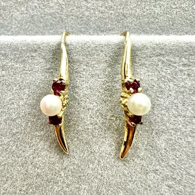 Vintage 14K Solid Yellow Gold Seed Pearl, Ruby Fancy Ear Wire Earrings W/box - Image 1 of 4