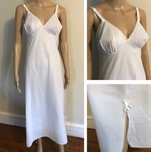 vintage 1960s White Nylon Long Slip Sz 36 Adj Straps Lace Trim Bow Accents USA - Picture 1 of 21