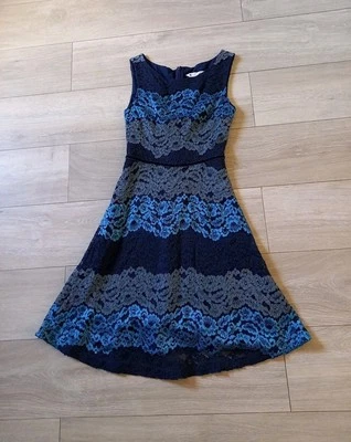 YUMI Blue Banded Lace Overlay Dress Flared Occasion Holiday Party Wedding UK8 - Image 1 of 4