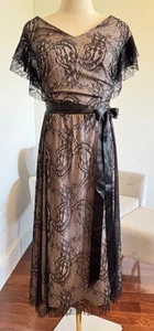 Sz 22 Lane Bryant Lace Black Nude Flutter Short Sleeve Dress Ribbon Belt Midi - Picture 1 of 17