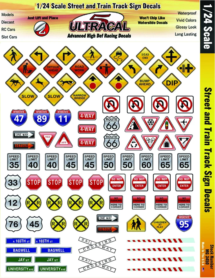 MG3450 Ultracal Street and Train Track Signs Decals for 1 24 Scale Applications