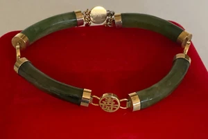 Vintage Chinese 1950's Longevity Nephrite Jade Gold Tone Hinged Panel Bracelet - Picture 1 of 11