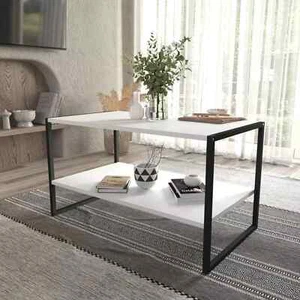Wooden Coffee Table with Metal Frame & Open Storage Shelf Home Décor White - Picture 1 of 3